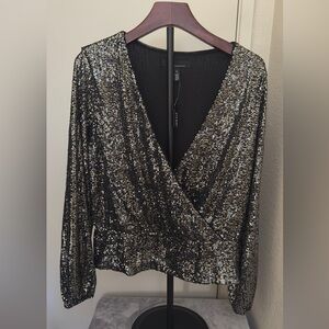 White House Black Market Black and Silver Sequin Blouse